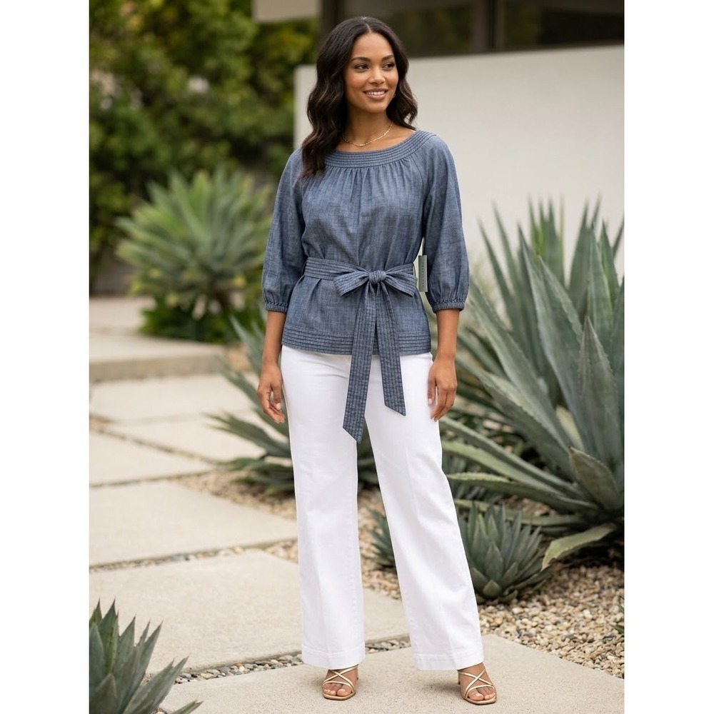 Trina Turk Blue Chambray Lyocell Linen Belted Puff Sleeve Blouse 181111 Small